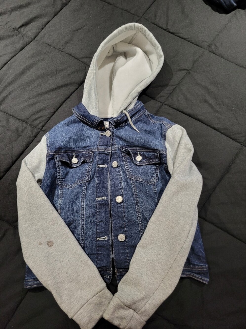 Wallflower Two-Tone Denim Hoodie Jacket in Blue and Gray